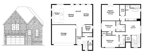 three floor plan of a house with a garage